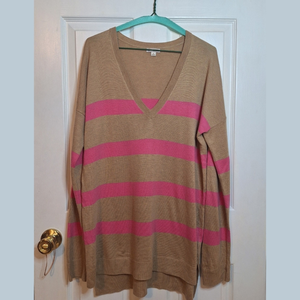 Gap Tan Pink Striped Merino Wool Blend V Neck Sweater Oversized Academia Size M